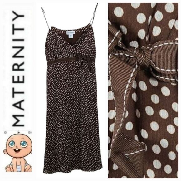 Motherhood Maternity Brown Polka Dot Chiffon Dress Bow Babydoll V-Neck Sundress - Picture 1 of 8
